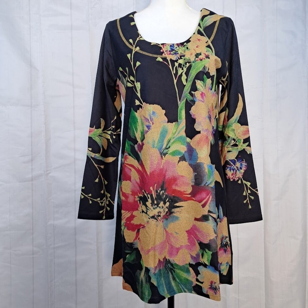 Radzoli M‎ Floral Print Long Sleeve Mini Dress Tunic Black Multi Art to Wear NWT
